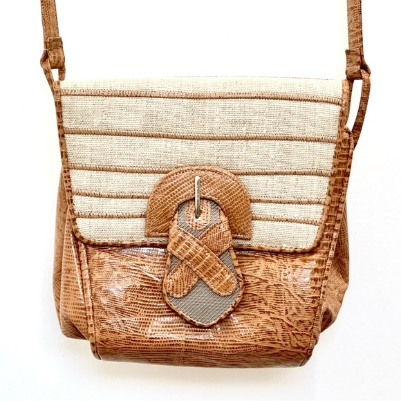 SHARIF Made in USA Python Leather & Fabric Crossbody Bag Brown/Beige EUC - Picture 14 of 14